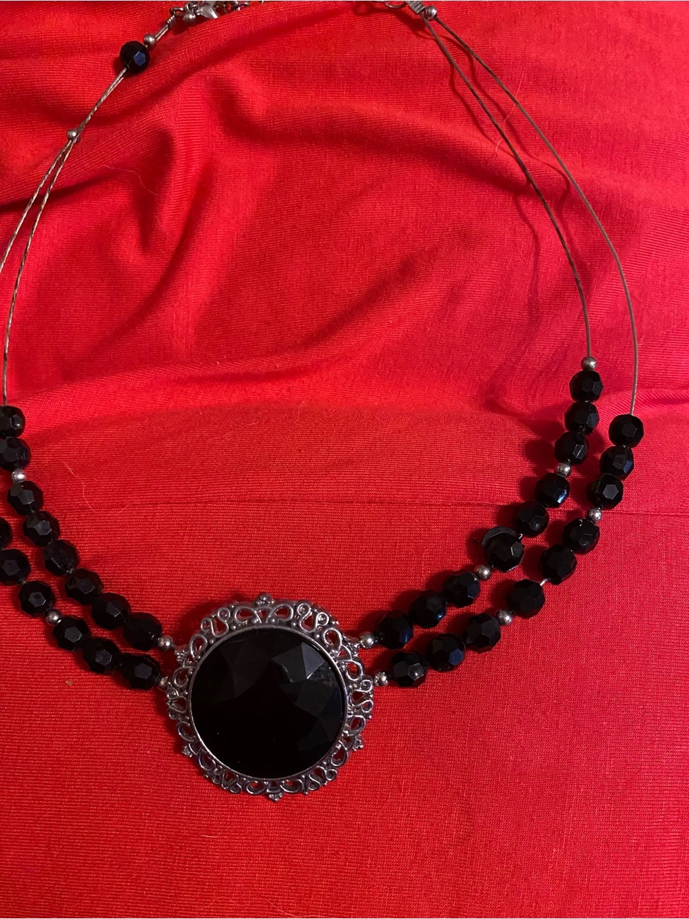 Black Beaded Statement Necklace with Filigree Pendant